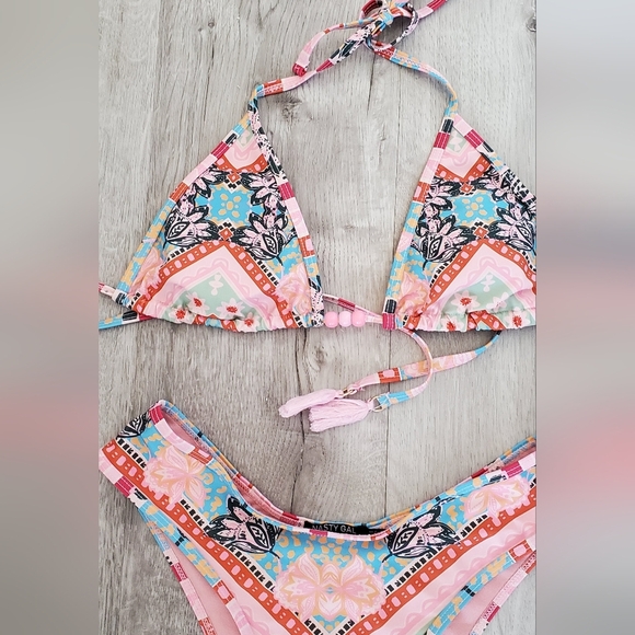 Nasty Gal Floral Boarder Boho Print Tassel Beaded  Bikini Swimsuit Set Size 8 - Picture 7 of 10